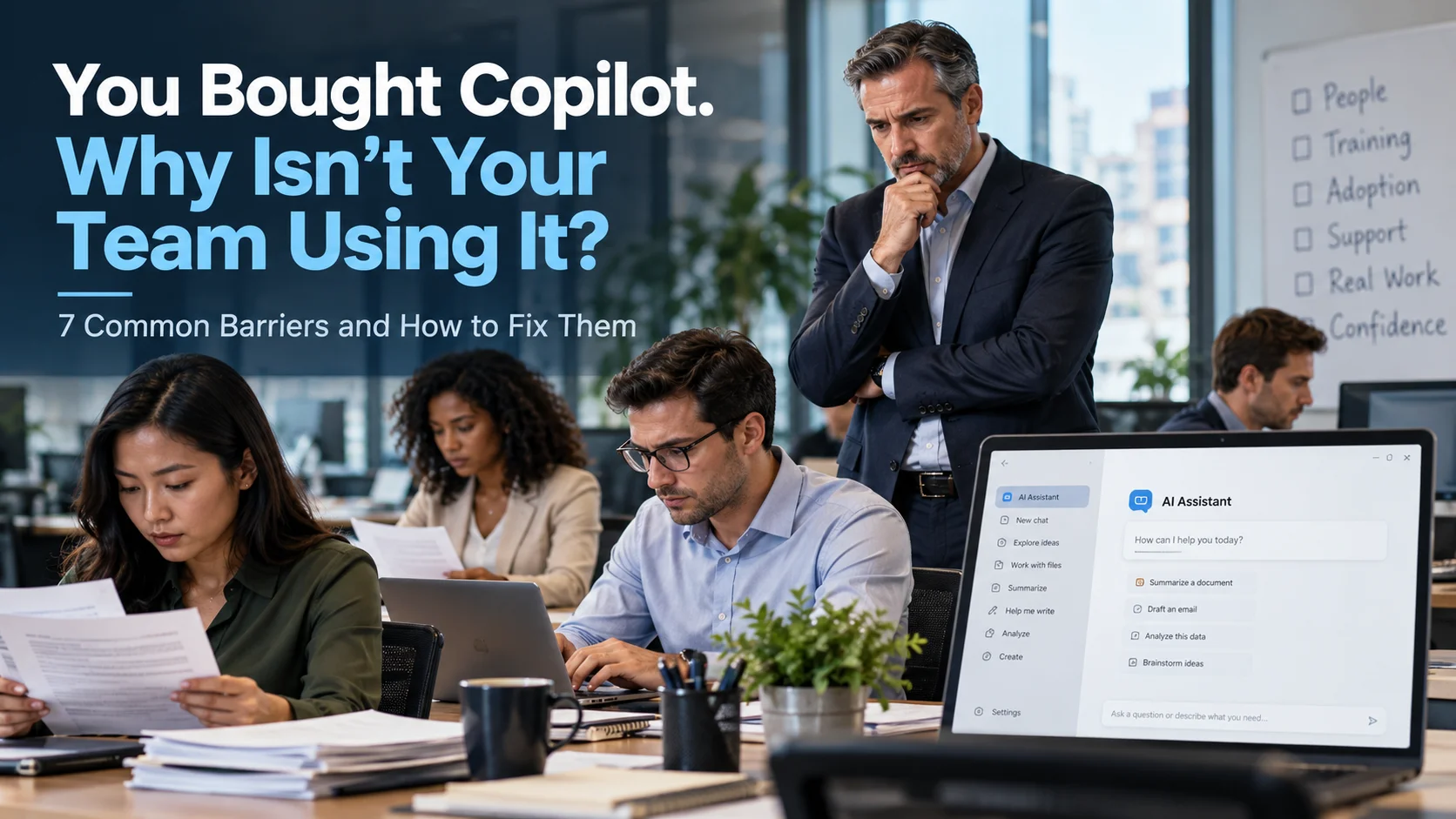 Concerned business leader watches employees working manually while an unused AI assistant sits open, highlighting Microsoft Copilot adoption challenges and the need for employee training.