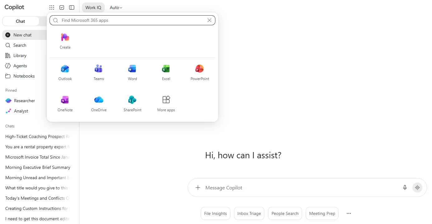 Screenshot of the premium Microsoft Copilot chat interface with apps displayed.