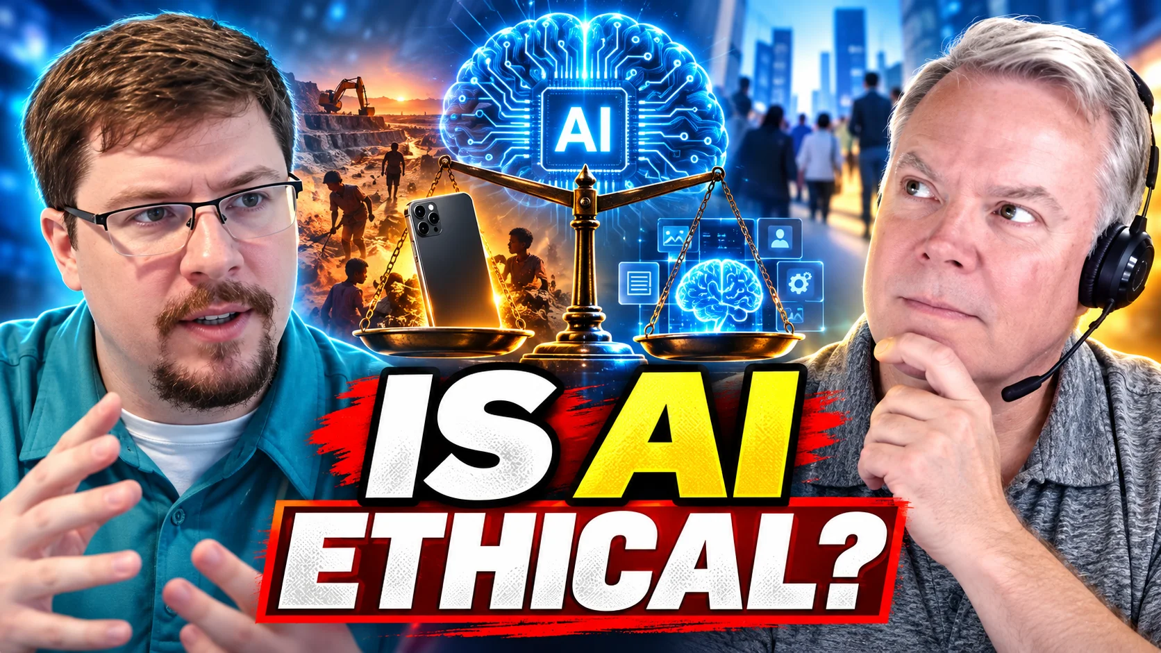Two men discuss whether AI is ethical, beside a balance scale weighing a smartphone against an AI brain, under the words "Is AI ethical?"